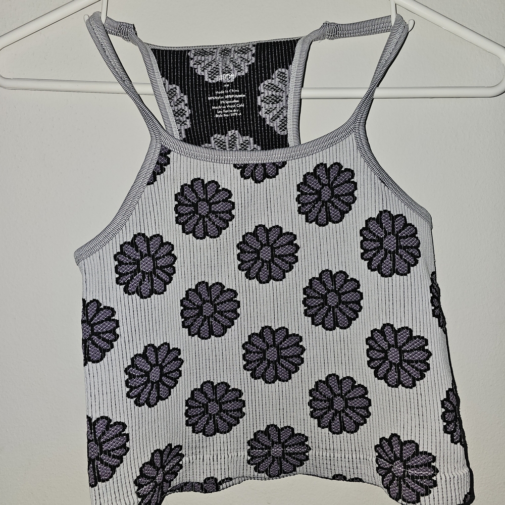Aura Women's Ribbed, Floral Patterned, Cropped Tank Black and Gray Sz S/M